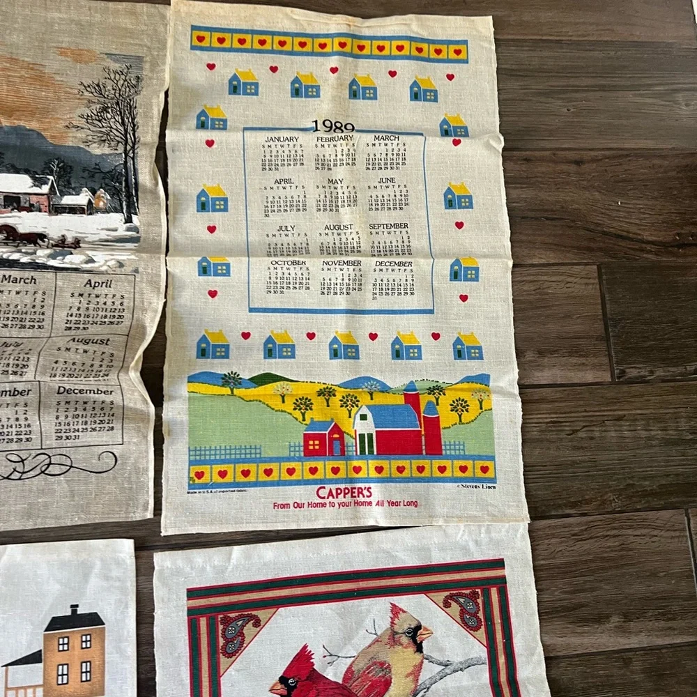 Lot 9 VTG 1980s Linen Calendar Towels Country Farmhouse Folk Kitchen Tea Towels - Picture 8 of 10